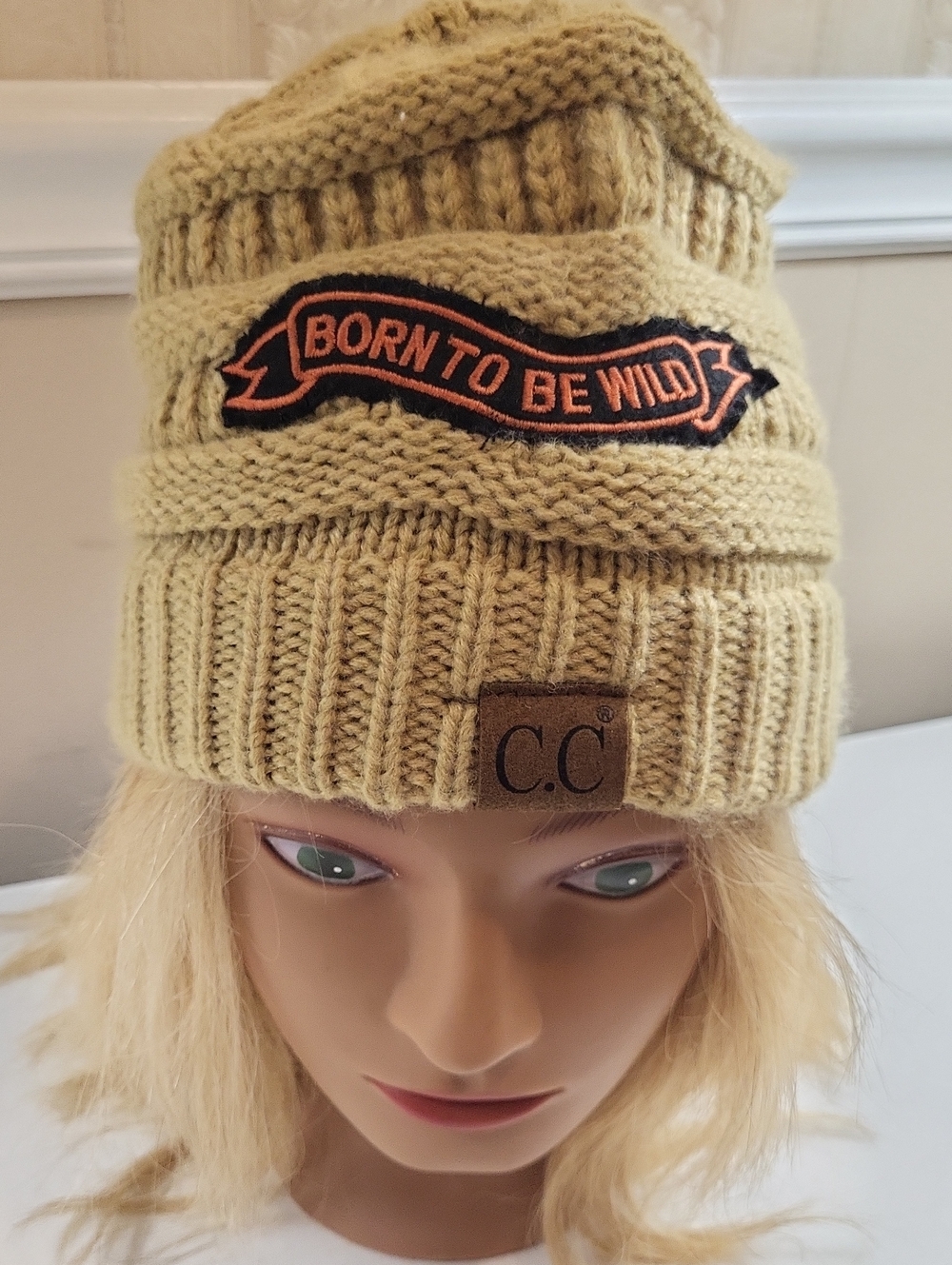 C.C Mustard Yellow Ribbed Beanie with "Born To Be Wild" Patch